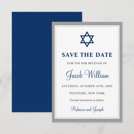 Elegant Grey and Navy Blue Bar Mitzvah 3,5 inch x Save The Date (Voorkant / Achterkant)