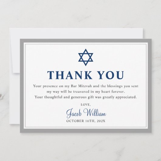 Elegant Grey and Navy Blue Bar Mitzvah Bedankkaart (Voorkant)