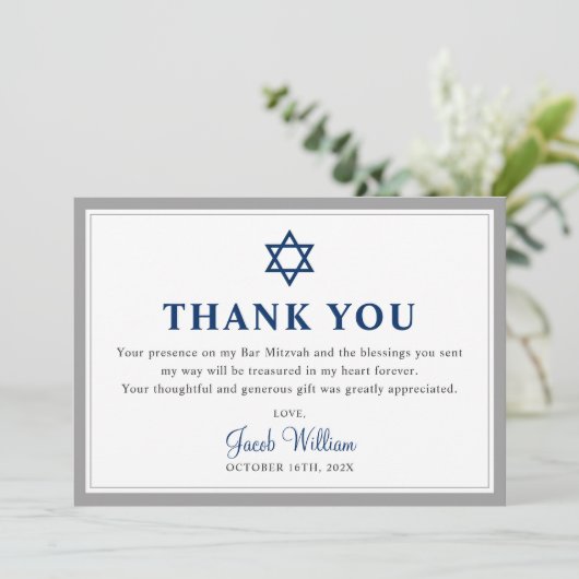 Elegant Grey and Navy Blue Bar Mitzvah Bedankkaart (Staand voorkant)