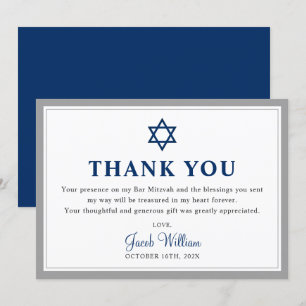 Elegant Grey and Navy Blue Bar Mitzvah Bedankkaart