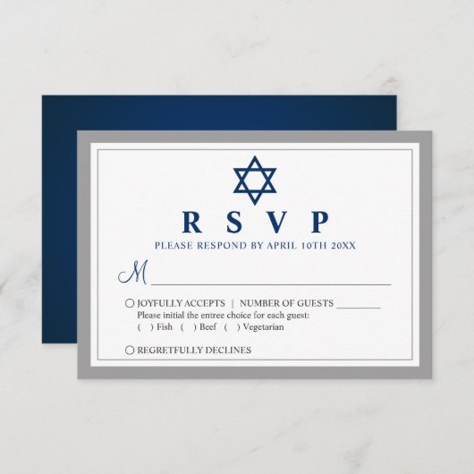Elegant Grey and Navy Blue Bar Mitzvah RSVP Kaartje (Voorkant / Achterkant)