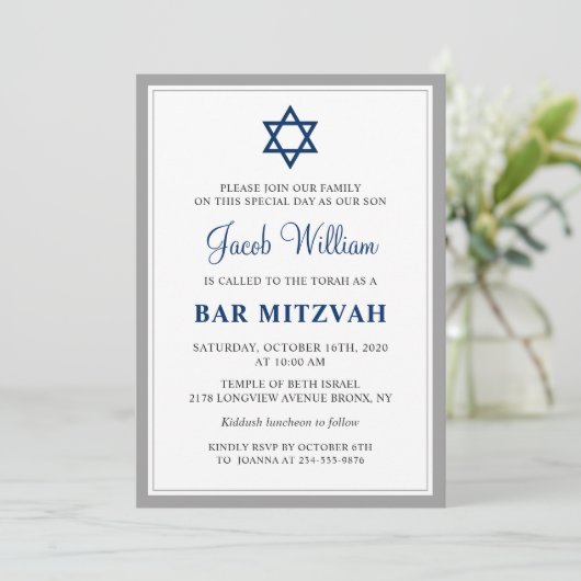 Elegant Grey and Navy Blue Bar Mitzvah Uitnodiging (Staand voorkant)