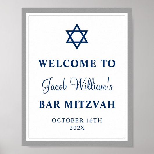 Elegant Grey and Navy Blue Bar Mitzvah Welkom Poster (Voorkant)