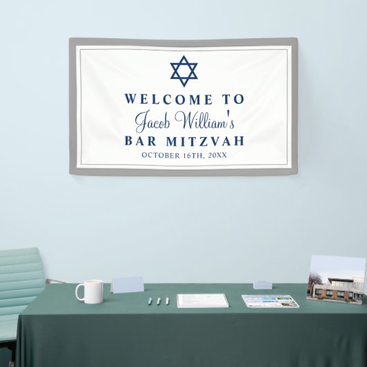 Elegant Grey and Navy Blue Bar Mitzvah Welkom Spandoek (Beurs)