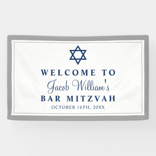 Elegant Grey and Navy Blue Bar Mitzvah Welkom Spandoek (Horizontaal)