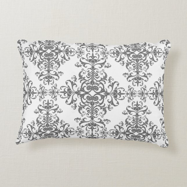 Elegant Grey and White Floral  Style Damask Accent Kussen (Achterkant)