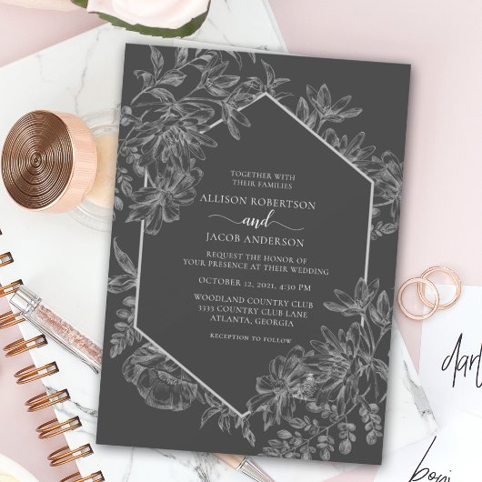Elegant Grey and White Geometric Floral Wedding Kaart