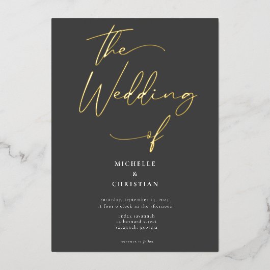 Elegant Grey Black Gold Calligraphy Script Weddens Folie Uitnodiging (Voorkant)