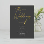 Elegant Grey Black Gold Calligraphy Script Weddens Folie Uitnodiging (Staand Voorkant)