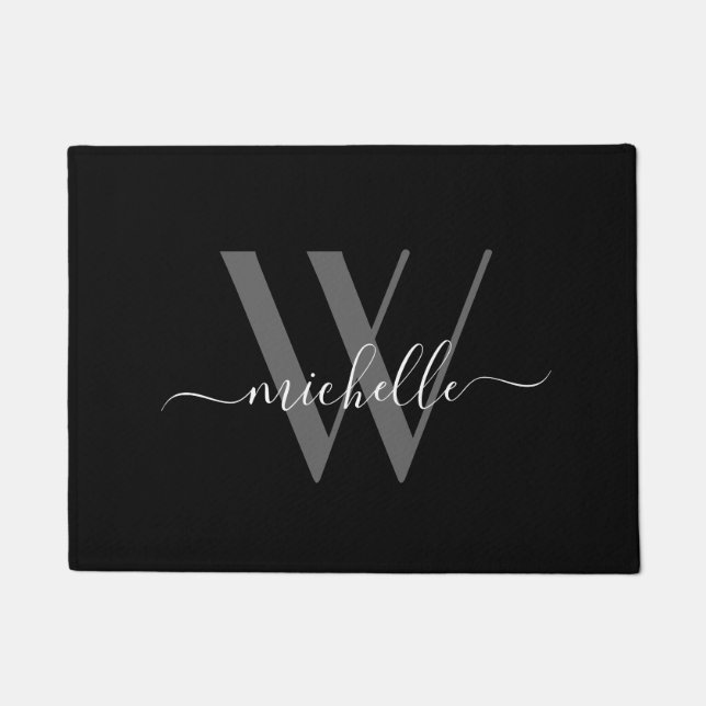 Elegant Grey Black Monogram Name Script Initiaal Deurmat (Voorkant)