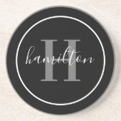 Elegant Grey Black Round Custom Monogram Initiaal Zandsteen Onderzetter (Voorkant)