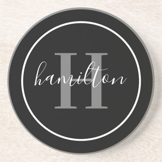 Elegant Grey Black Round Custom Monogram Initiaal Zandsteen Onderzetter (Voorkant)