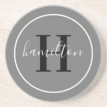 Elegant Grey Black Round Custom Monogram Initiaal Zandsteen Onderzetter<br><div class="desc">Het Elegant ronde gepersonaliseerde ontwerp van het onderzetter van de drink van de drank kenmerkt een klassiek initiaal van de douanesusserif zwart met uw familienaam/familienaam in modern wit kalligrafiekmanuscript tegen een donkerbruine achtergrond. Een eenvoudige witte cirkel lijst het ontwerp. Het kleurenschema kan worden aangepast om perfect met uw huisdecor te...</div>