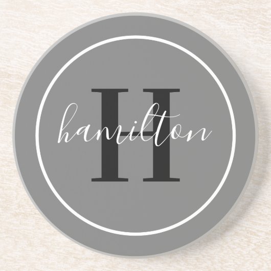 Elegant Grey Black Round Custom Monogram Initiaal Zandsteen Onderzetter (Voorkant)