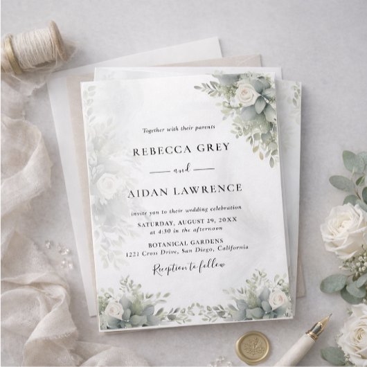 Elegant Grey Botanical Wedding Invitation Kaart