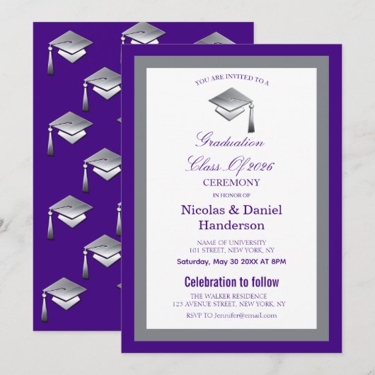 Elegant grey caps graduation ceremony invitation kaart (Voorkant / Achterkant)