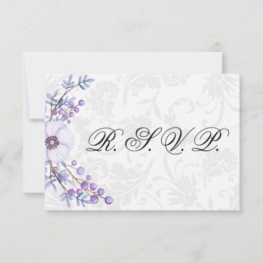 Elegant Grey Damask en Paarse Floral Wedding RSVP (Voorkant)