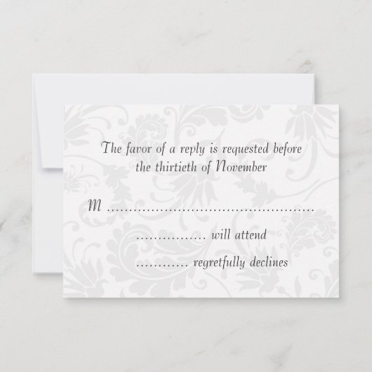Elegant Grey Damask en Paarse Floral Wedding RSVP (Achterkant)