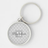 Elegant Grey  Damask Monogram & naam Sleutelhanger (Voorkant)