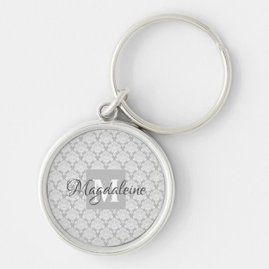 Elegant Grey  Damask Monogram & naam Sleutelhanger (Voorkant)