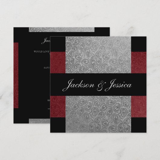 Elegant Grey Dark Red Paisley Engagement Party Kaart (Voorkant / Achterkant)
