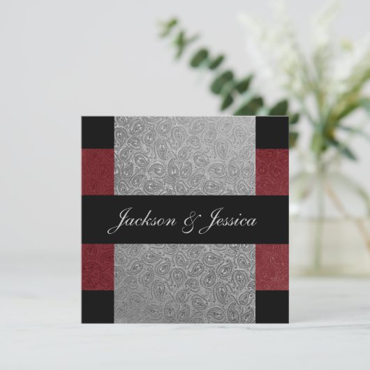 Elegant Grey Dark Red Paisley Engagement Party Kaart (Staand voorkant)
