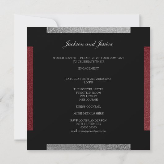 Elegant Grey Dark Red Paisley Engagement Party Kaart (Achterkant)