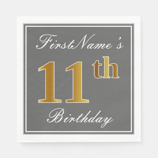 Elegant Grey, Faux Gold 11th Birthday; Elegant Gre Servet (Voorkant)
