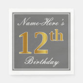 Elegant Grey, Faux Gold 12th Birthday; Elegant Gre Servetten (Voorkant)