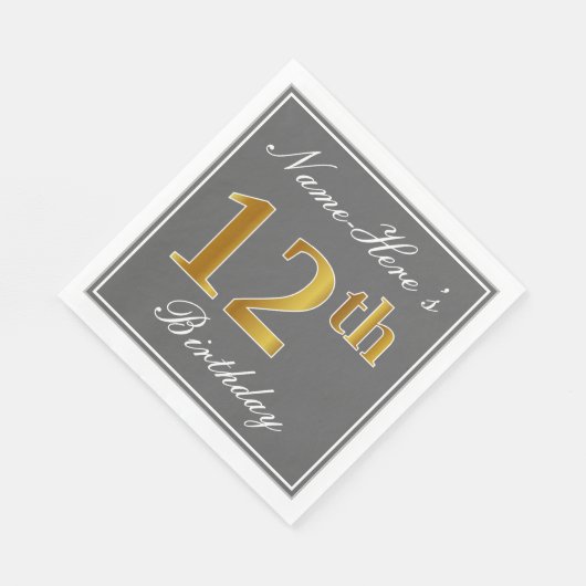 Elegant Grey, Faux Gold 12th Birthday; Elegant Gre Servetten (Hoek)