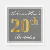 Elegant Grey, Faux Gold 20th Birthday; Aangepaste Servetten (Voorkant)