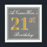 Elegant Grey, Faux Gold 21st Birthday; Aangepaste  Servet<br><div class="desc">Dit eenvoudige en elegante papieren servetontwerp bevat een bericht als "ANamehere's 21st Birthday" (met de "21st" met een faux goudachtige kleur) binnen een grijs gekleurd vierkant gebied met een eenvoudige omtrek aan de rand. De naam is in een wit-gekleurde manuscript-als tekst, en kan worden gepersonaliseerd. Dit soort luiers kunnen misschien...</div>