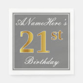 Elegant Grey, Faux Gold 21st Birthday; Aangepaste  Servet (Voorkant)