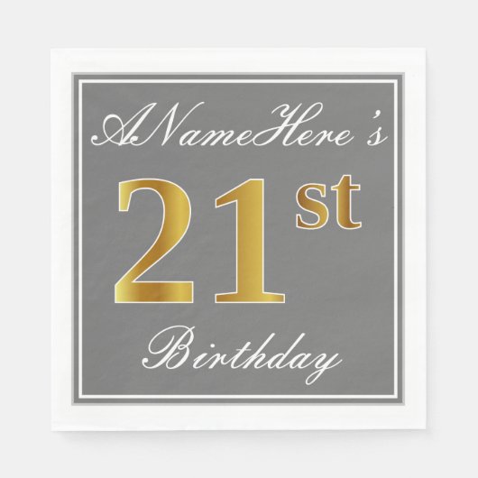 Elegant Grey, Faux Gold 21st Birthday; Aangepaste  Servet (Voorkant)