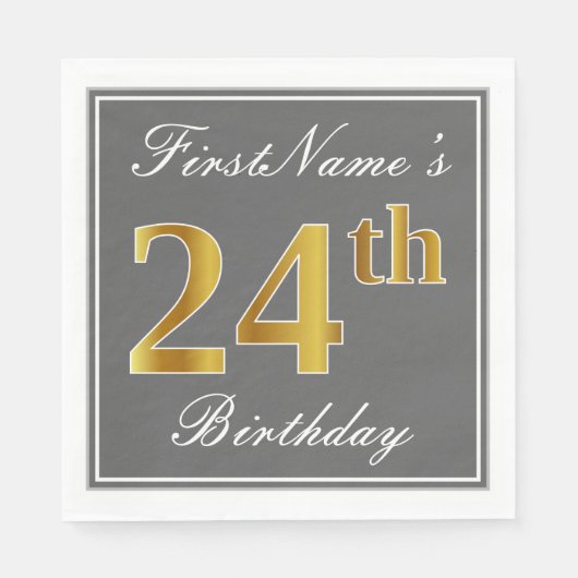 Elegant Grey, Faux Gold 24th Birthday; Aangepaste Servet (Voorkant)