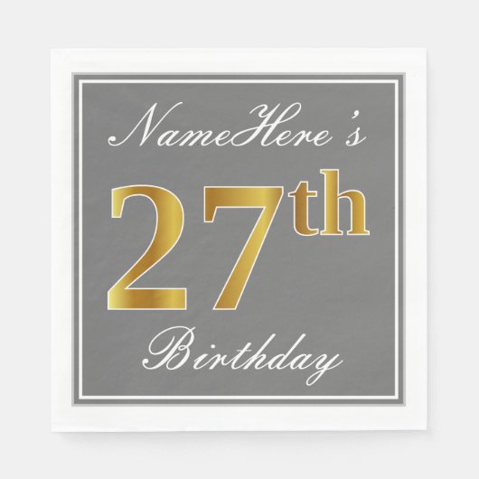 Elegant Grey, Faux Gold 27th Birthday; Aangepaste  Servet (Voorkant)