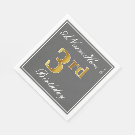 Elegant Grey, Faux Gold 3rd Birthday + Eigen naam Servet (Hoek)