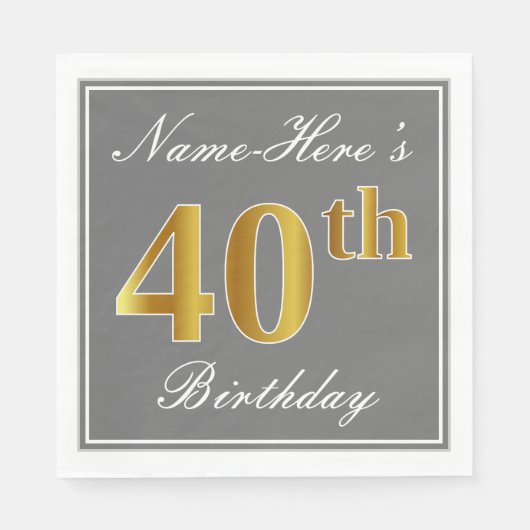 Elegant Grey, Faux Gold 40th Birthday; Elegant Gre Servet (Voorkant)