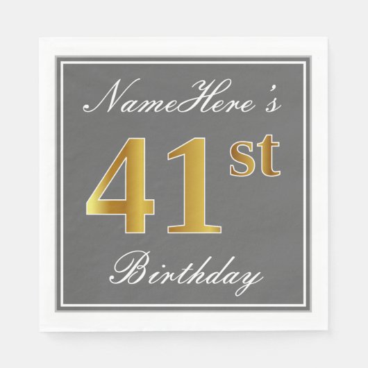 Elegant Grey, Faux Gold 41st Birthday; Elegant Gre Servet (Voorkant)