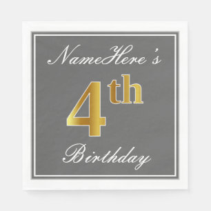 Elegant Grey, Faux Gold 4th Birthday + Eigen naam Servetten