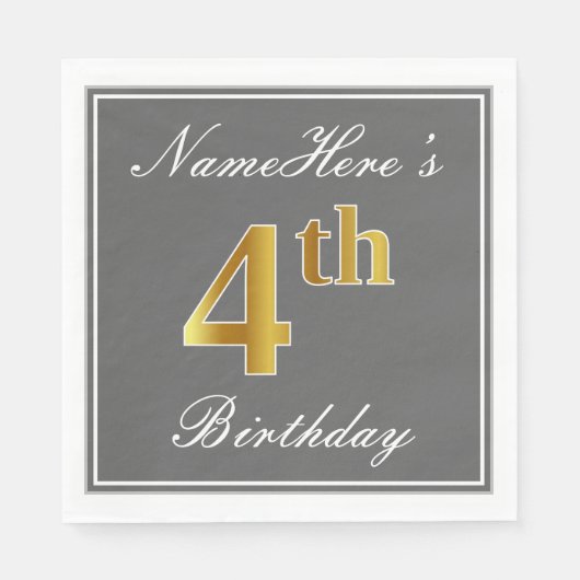 Elegant Grey, Faux Gold 4th Birthday + Eigen naam Servetten (Voorkant)