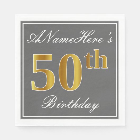 Elegant Grey, Faux Gold 50th Birthday; Aangepaste Servet (Voorkant)