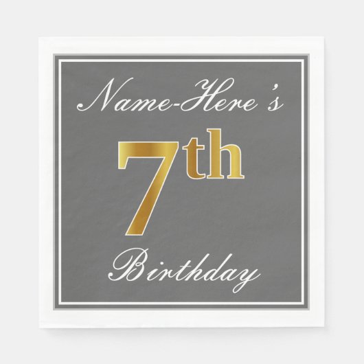 Elegant Grey, Faux Gold 7th Birthday + Aangepaste Servet (Voorkant)