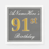 Elegant Grey, Faux Gold 91st Birthday; Aangepaste Servetten (Voorkant)