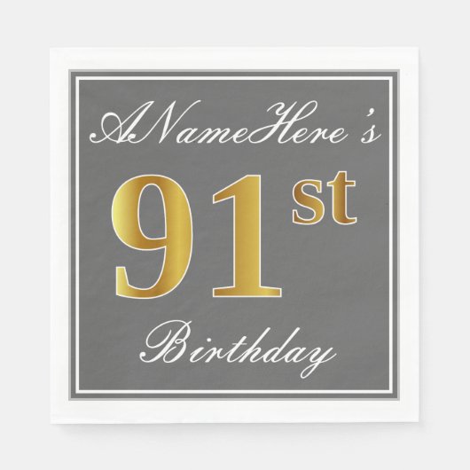 Elegant Grey, Faux Gold 91st Birthday; Aangepaste Servetten (Voorkant)