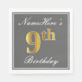 Elegant Grey, Faux Gold 9th Birthday + Aangepaste Servetten (Voorkant)