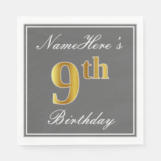 Elegant Grey, Faux Gold 9th Birthday + Aangepaste Servetten (Voorkant)