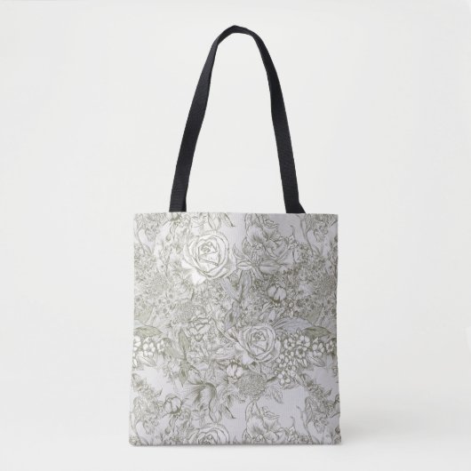 Elegant Grey Floral Toile Tote Bag (Voorkant)