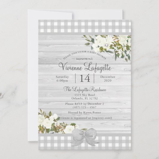 Elegant Grey Gingham Floral Baby shower Kaart (Voorkant)