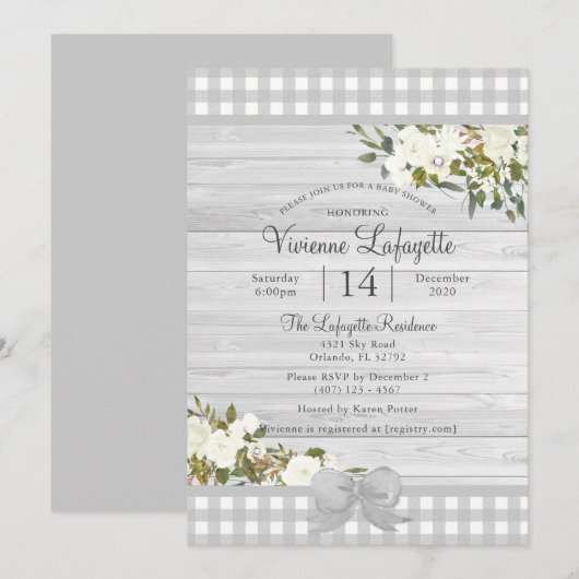 Elegant Grey Gingham Floral Baby shower Kaart (Voorkant / Achterkant)